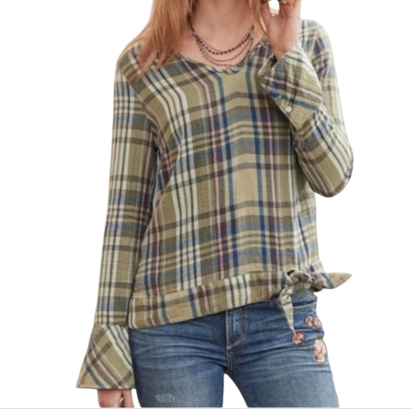 Sundance Willow Plaid Cotton V-neck Tie Knot Waist Popover Blouse Top Wmns XL - Picture 1 of 12